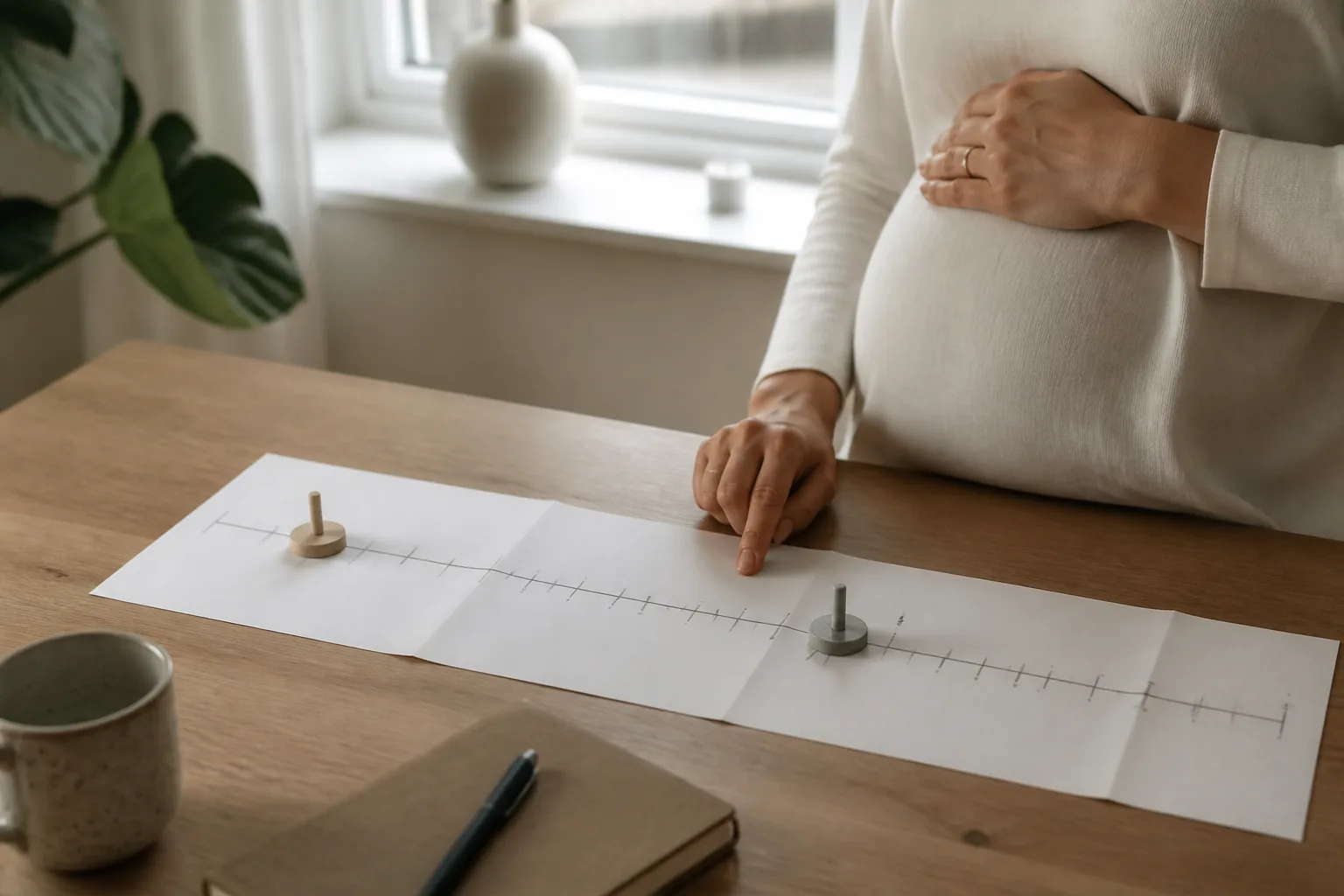Virkelighedsnær dansk hverdagssituation, der illustrerer graviditetslængde som kalenderestimat